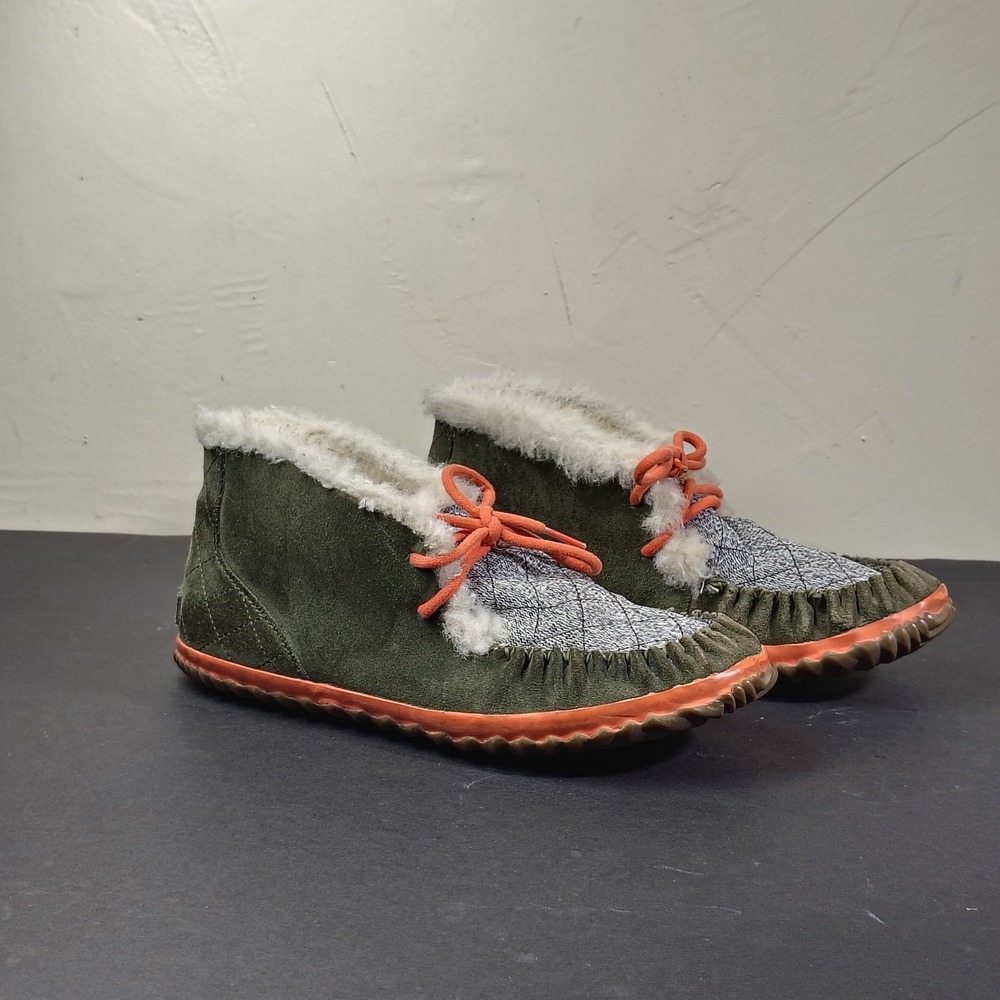 Sorel Out 'N About Moc Womens 9.5 Green Suede Faux Fur Hybrid Slipper Shoe